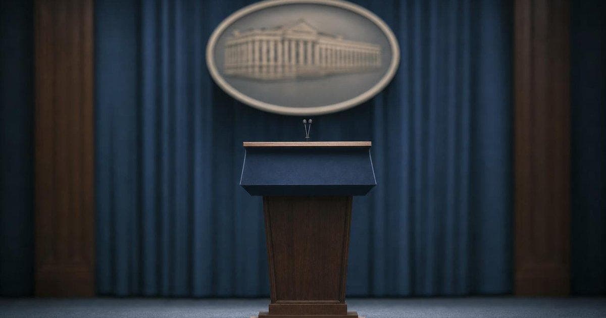 Empty government podium in press room as national security funding program is paused after court ruling