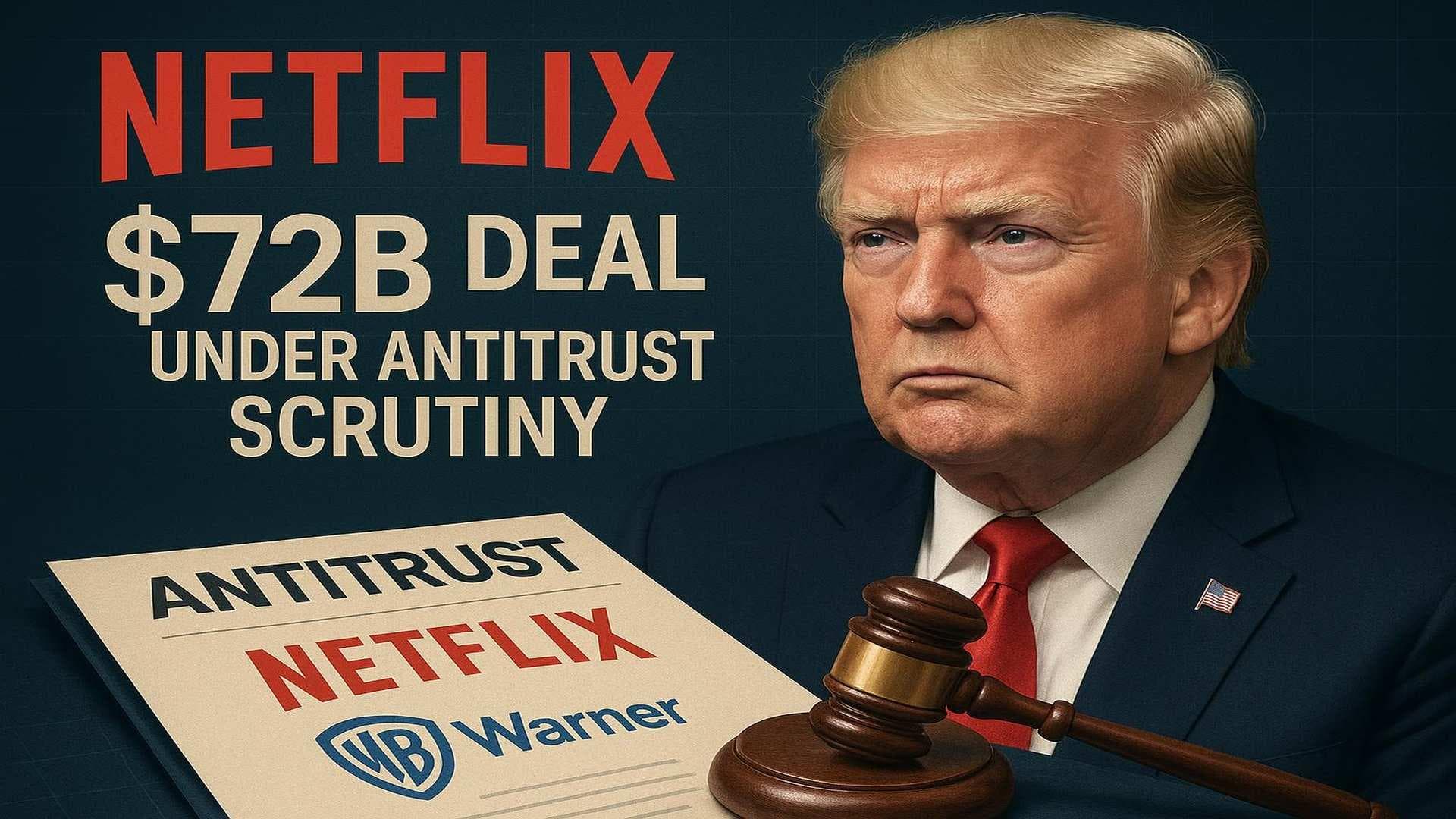 Netflix and Warner logos with antitrust legal imagery highlighting $72B merger concerns