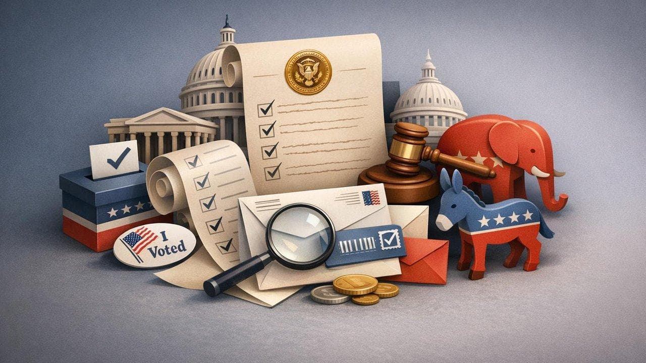 Illustration of Trump order changing US federal election rules with voter rolls and mail-ballot tracking