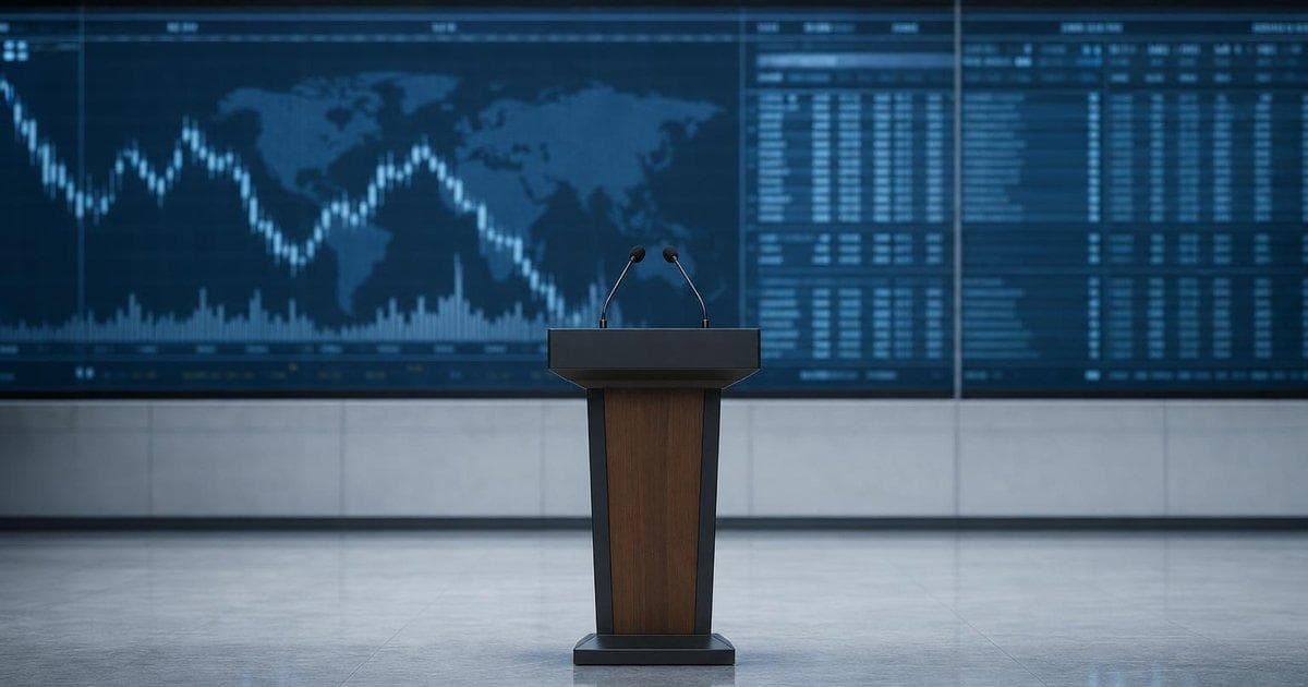 Empty podium before stock ticker board illustrating scrutiny of Q1 political stock trades