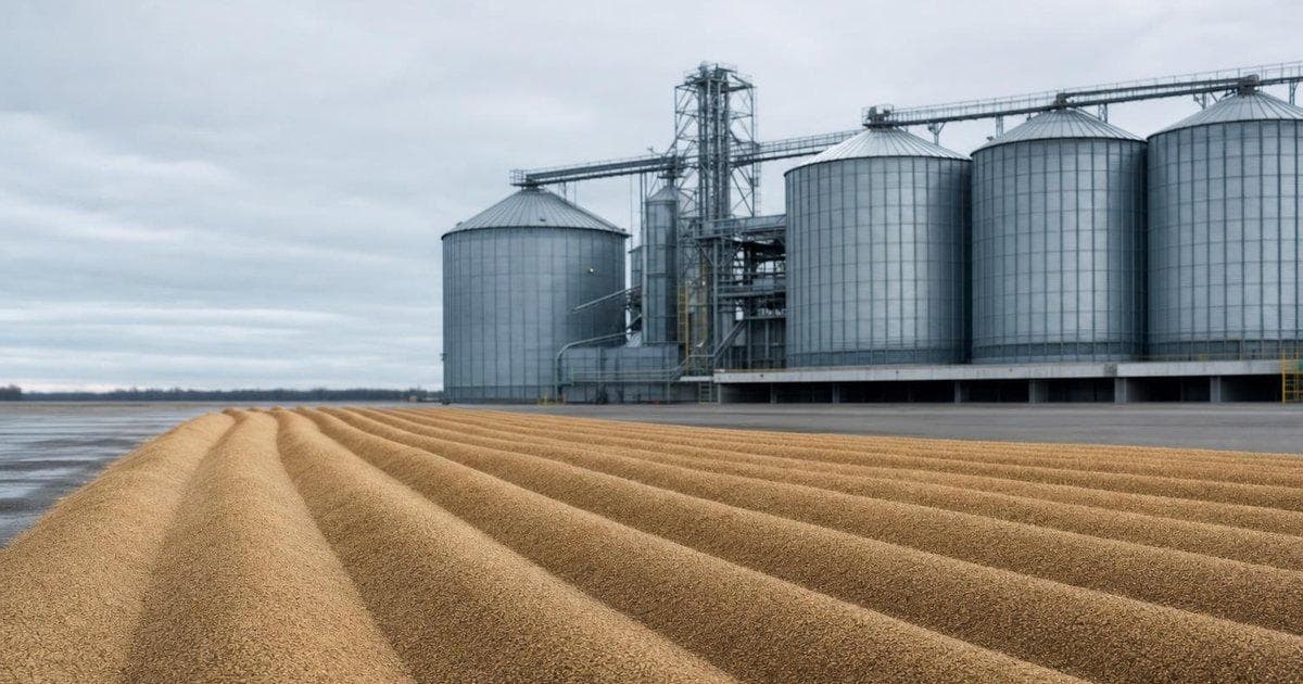 Grain silos and harvested crops at an export hub amid shifting farm tariff policy for global trade