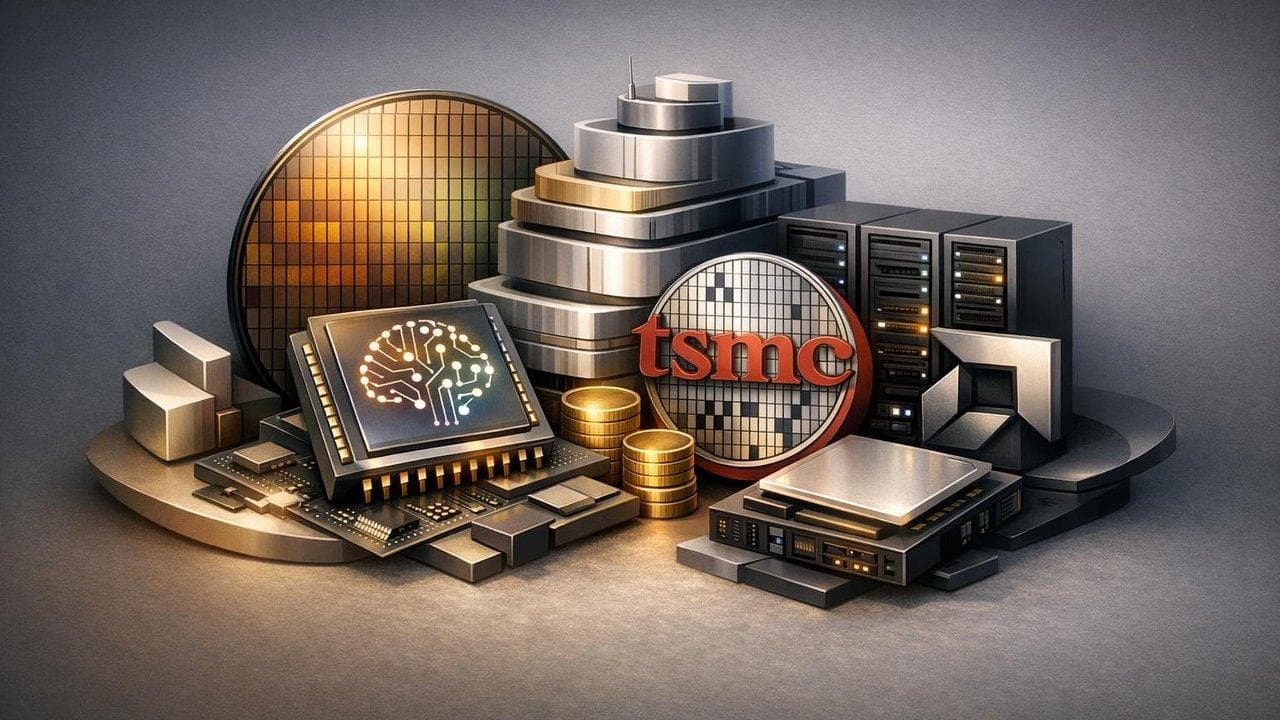TSMC and AMD logos with AI chip graphics highlighting semiconductor industry competition