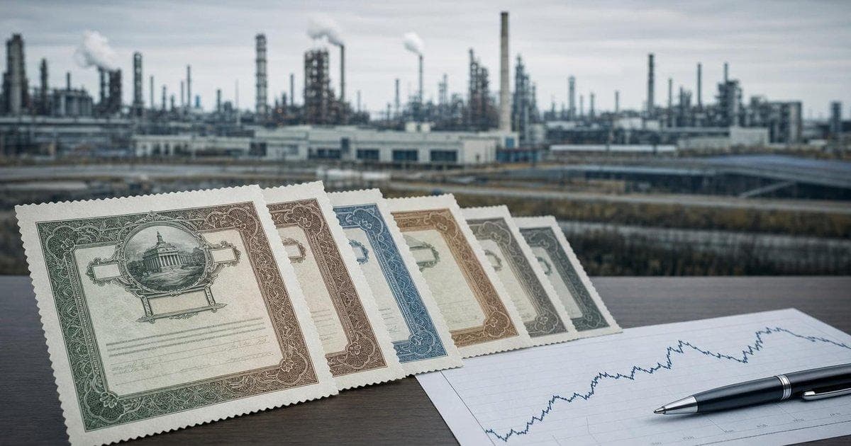Government bond documents and chart in front of factory backdrop as U.S. industrial output lifts Treasury yields