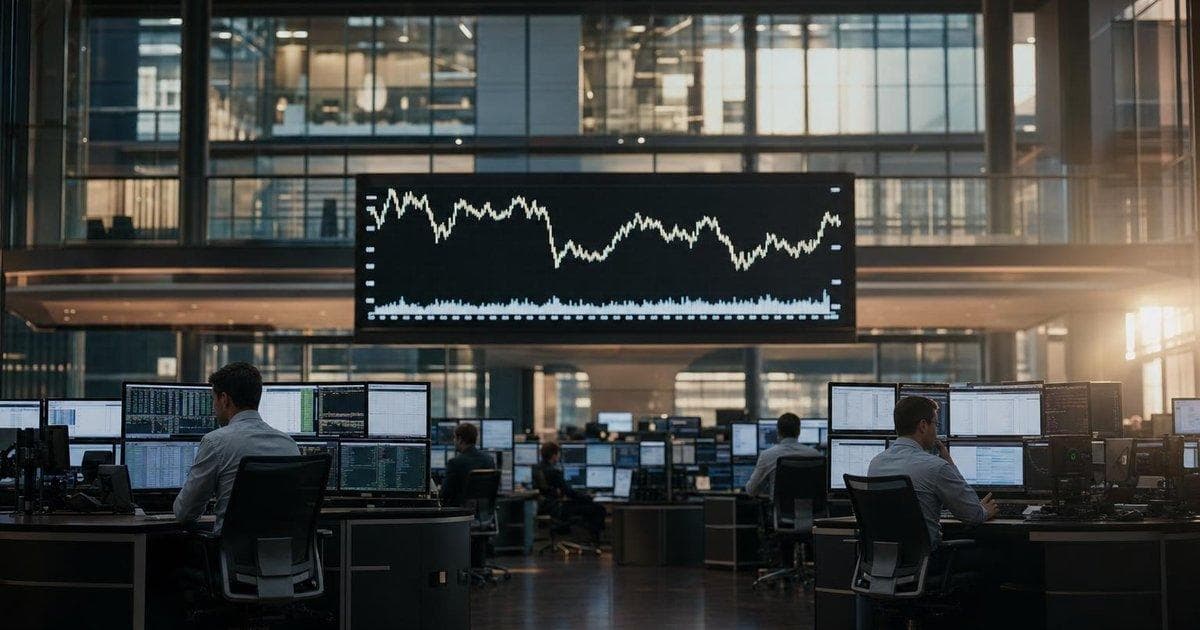 Calm trading floor with stock index board as U.S. equities hit record highs and volatility eases