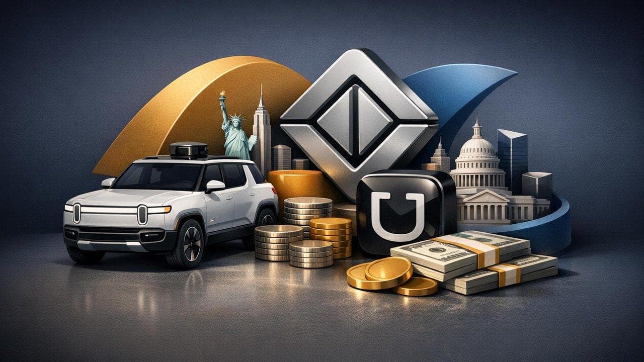 Uber and Rivian logos with autonomous electric vehicle concept for $1.25bn robotaxi partnership