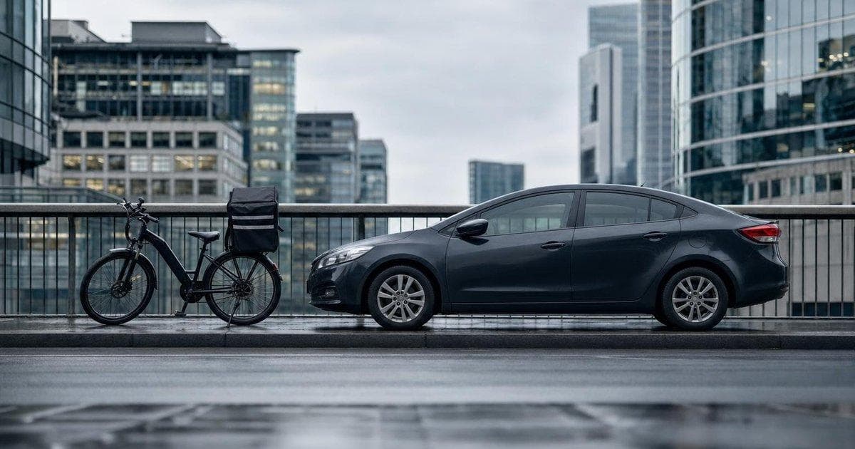 Food delivery bike and unmarked rideshare car on city street amid M&A talks involving UBER and food-delivery stocks