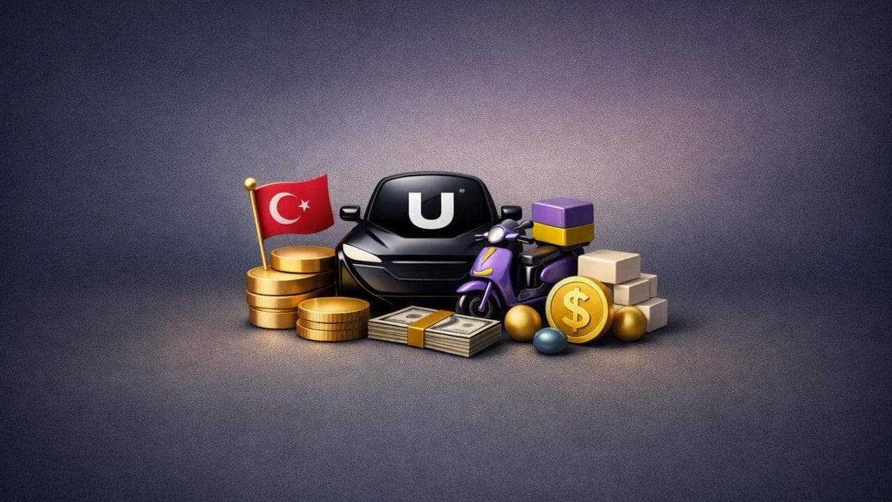 Uber and Getir logos with Turkey map, highlighting $335M acquisition and delivery service expansion