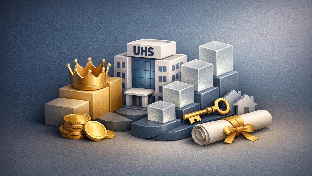 UHS logo with equity award charts highlighting executive compensation strategy