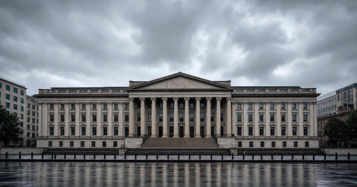 Government finance ministry building under grey skies illustrating UK borrowing and budget gap data
