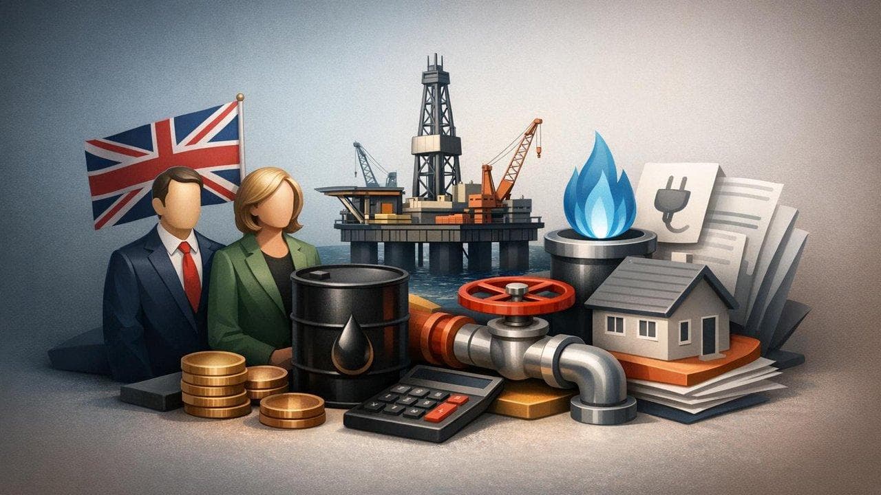 UK North Sea oil rigs with political debate over energy bills and drilling expansion