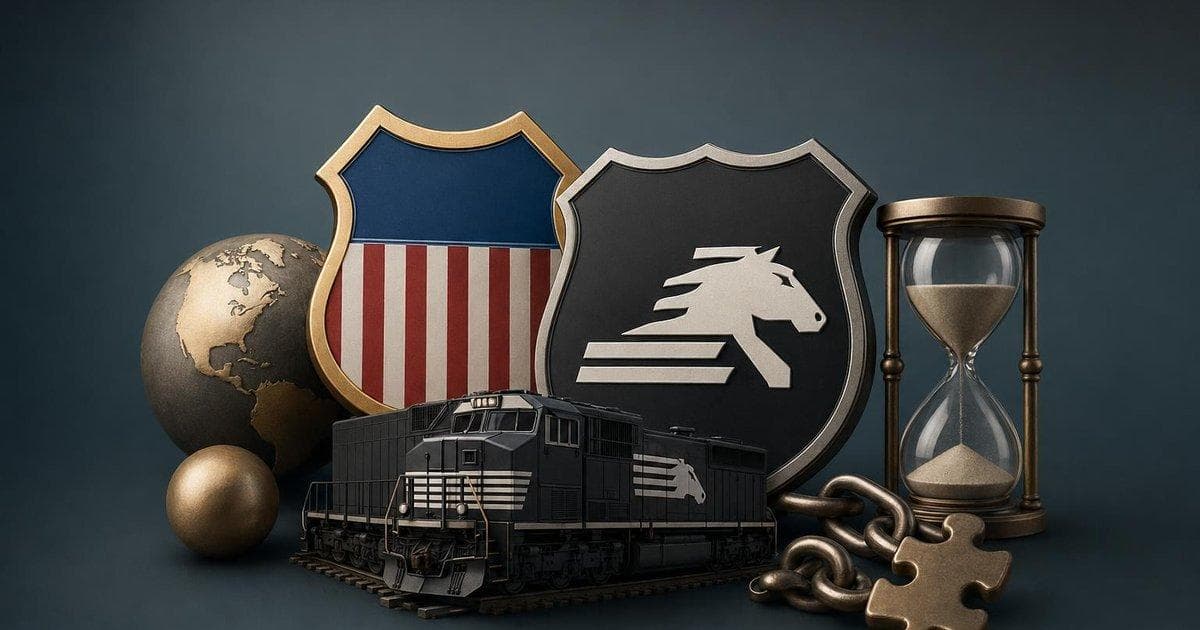 Concept image of Union Pacific and Norfolk Southern trains highlighting $85B railroad deal talks