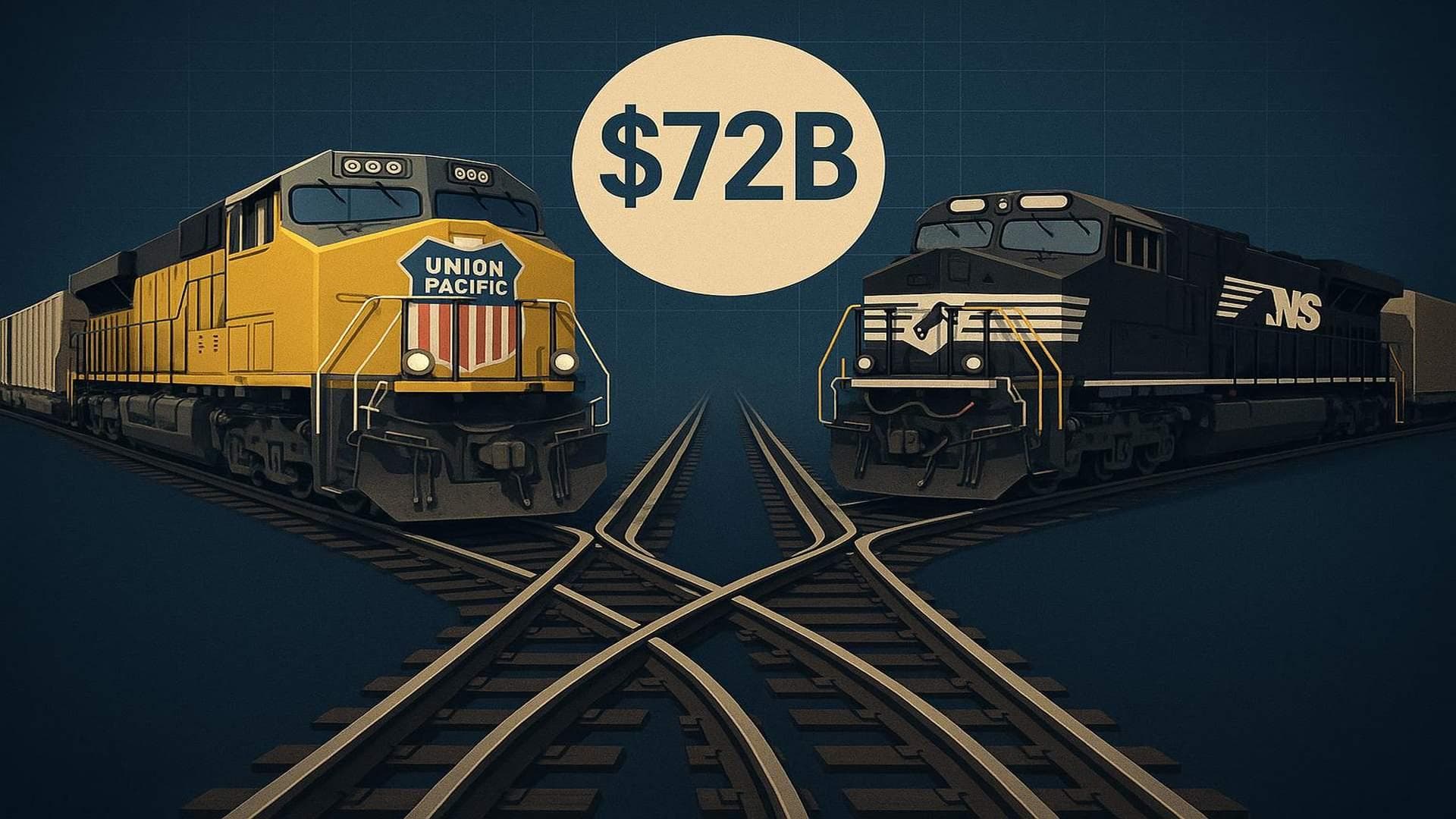 Union Pacific and Norfolk Southern trains merge, visualizing $72B rail merger proposal