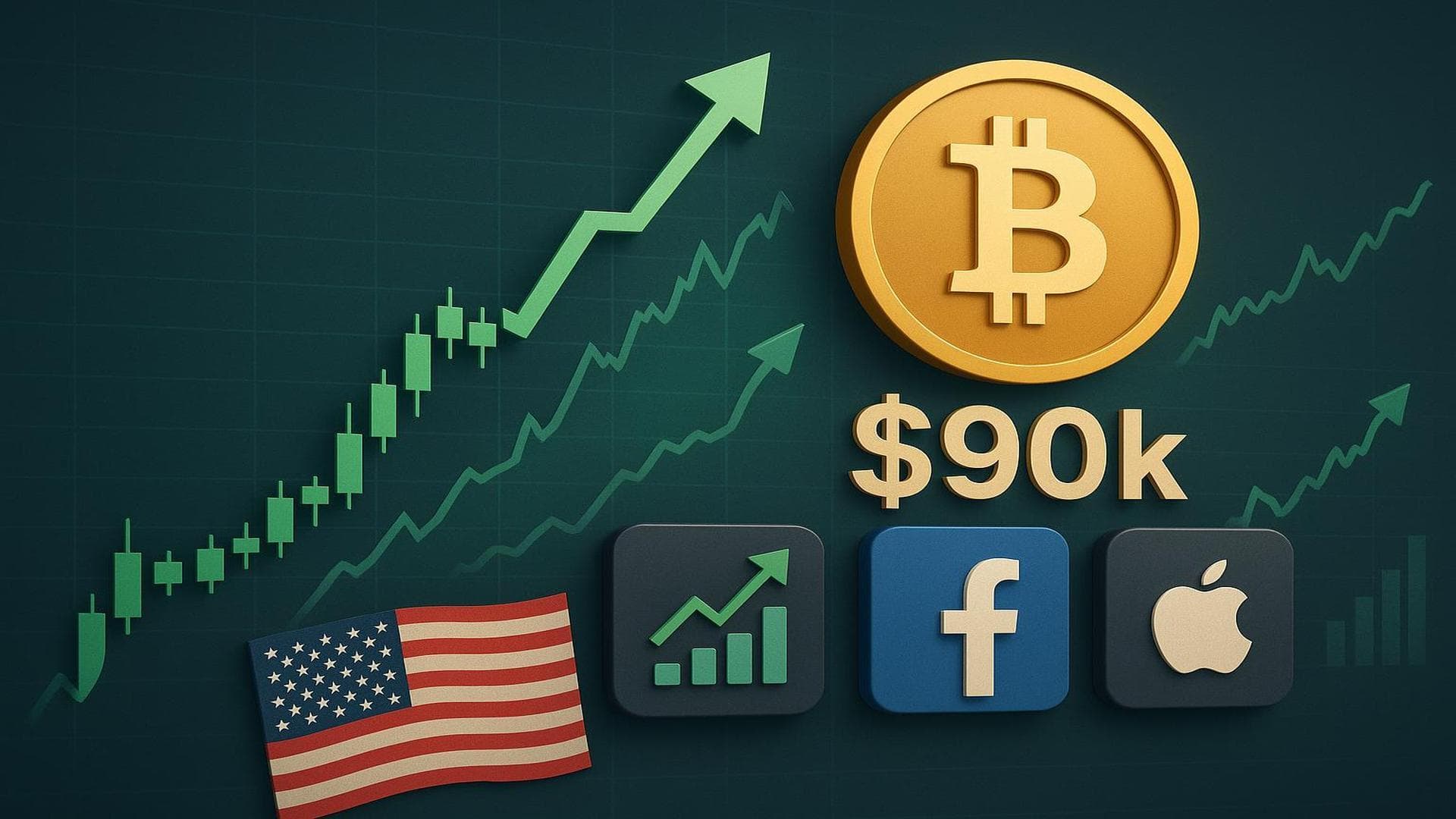 US and Asian stock market charts rising with Bitcoin price above $90K, reflecting Fed cut optimism