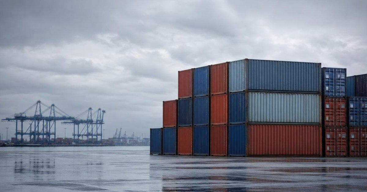 Stacked shipping containers at a busy port illustrating US-China tariff trade board talks