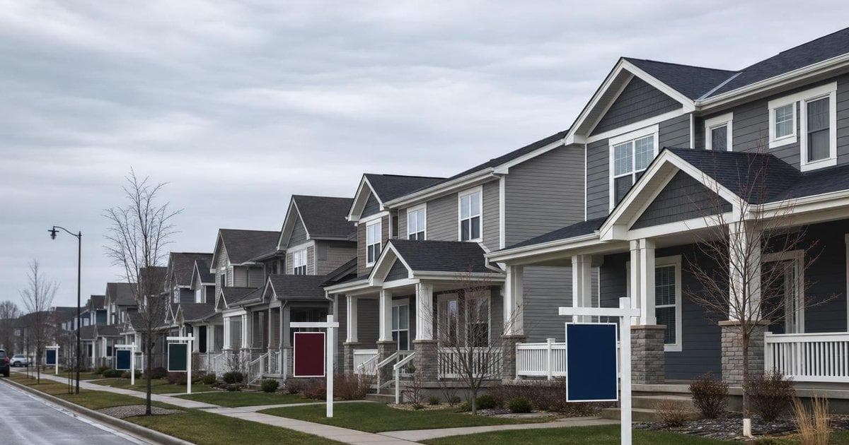 Suburban homes with several for-sale signs illustrating stalled US April home sales and rising inventory