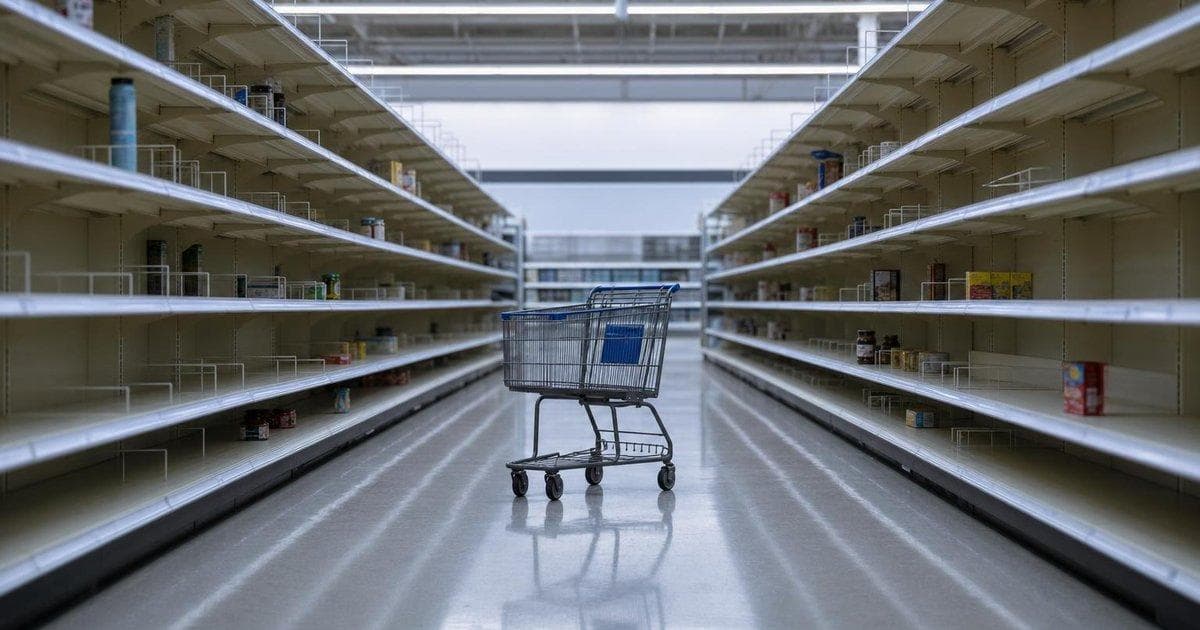 Empty shopping cart in a supermarket aisle reflecting weak US consumer sentiment in May