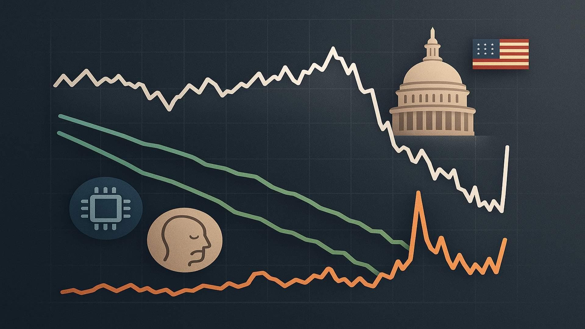 US equities volatility chart with tech sector decline and consumer sentiment drop, highlighting market uncertainty