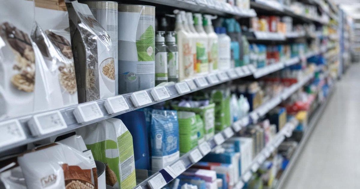 Grocery store shelf with rising price tags illustrating higher US inflation and Fed rate-watch concerns