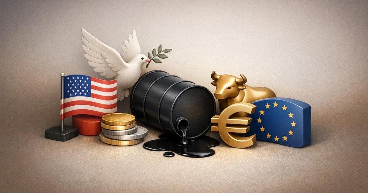 Chart showing crude oil drop and US, European equity rally after Trump two-week ceasefire news