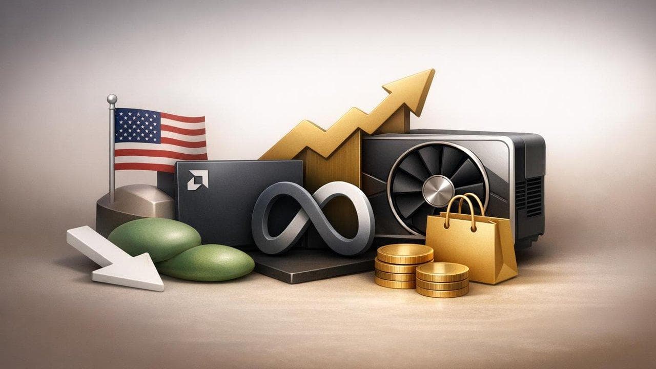 US stock market chart rising with AMD and Meta logos, highlighting tech-driven gains and confidence boost