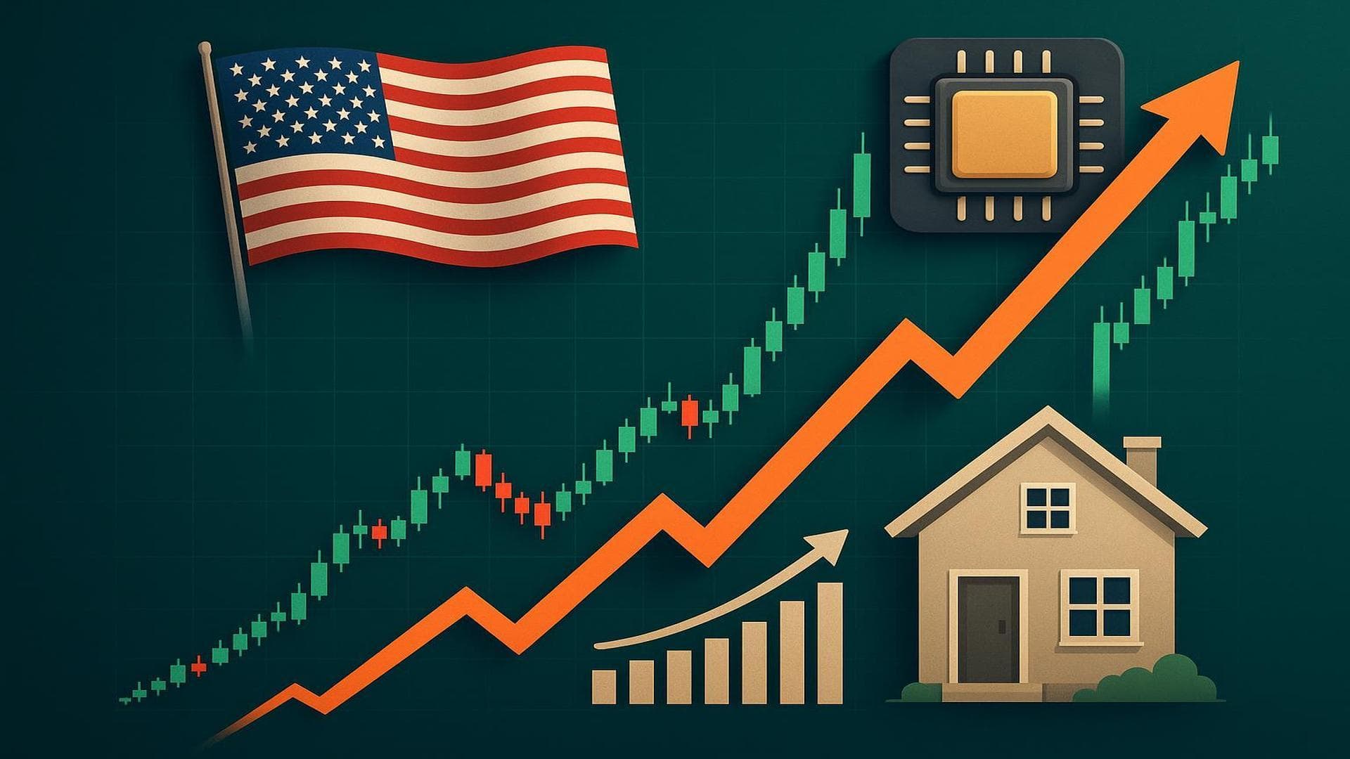 US stock market record highs with chip and housing sector surge, bullish chart, and labor data trends