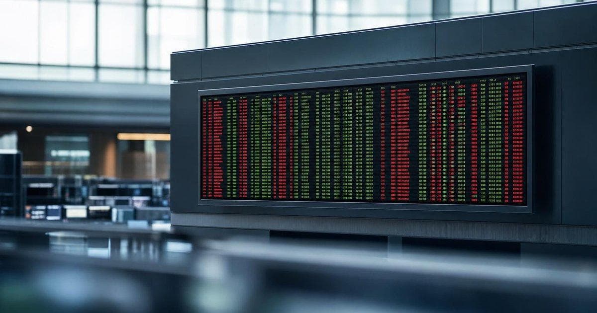 Electronic stock market board on a trading floor as US stocks trade mixed on Hormuz deal optimism