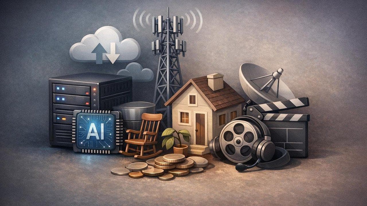 US stock market visualization showing AI, telecom, senior housing, and media sector headwinds