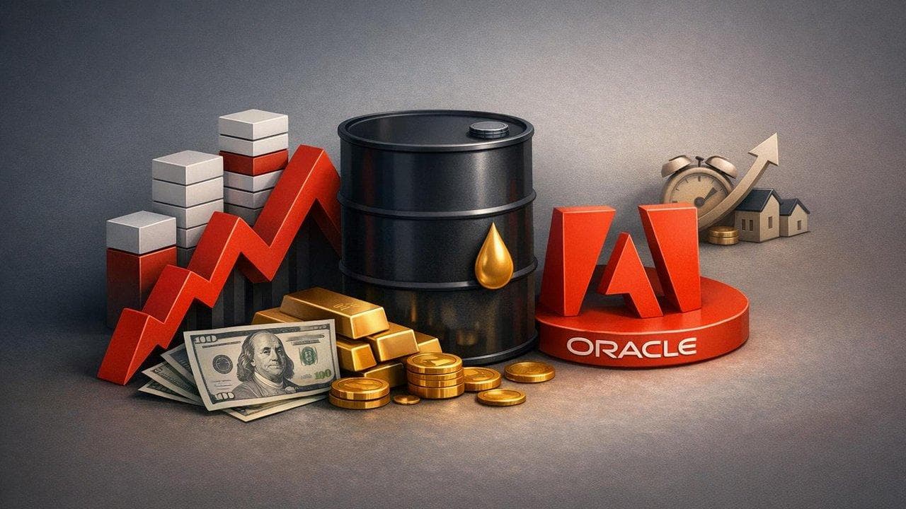 US stock market decline chart with crude oil price surge above $100 and Oracle, Adobe earnings focus