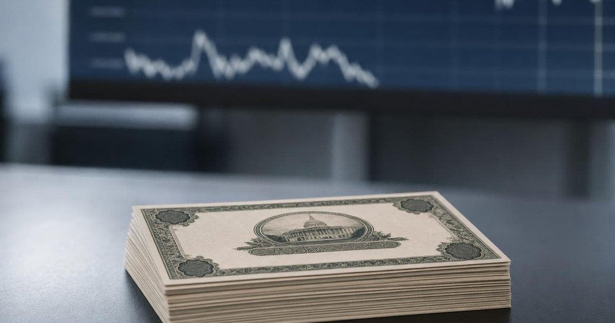 Stack of generic government bond certificates on trader desk as US Treasury yields jump and bill supply tightens