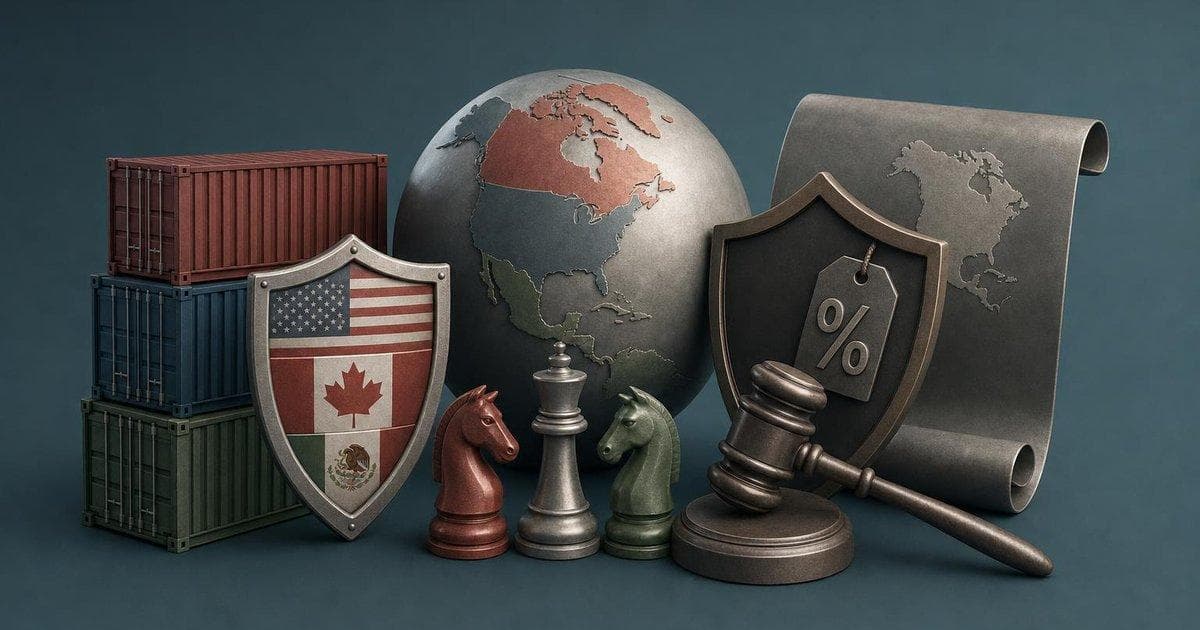 USMCA review risk graphic showing US tariffs impacting Canada and Mexico trade relations