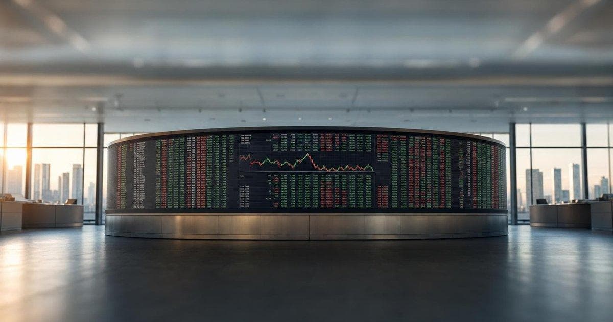 Electronic stock market board on trading floor illustrating strong LSE debut for Uzbekistan privatization fund