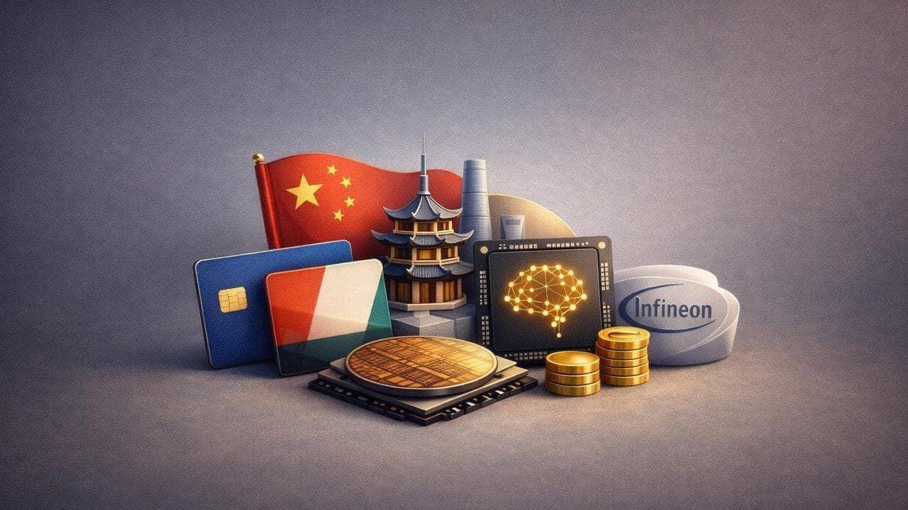 Visa and Infineon logos with China map and AI chip graphics, highlighting expansion and investment news
