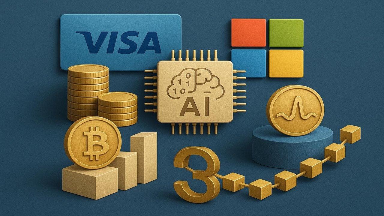 Visa, Microsoft, and Broadcom logos with AI and crypto investment theme