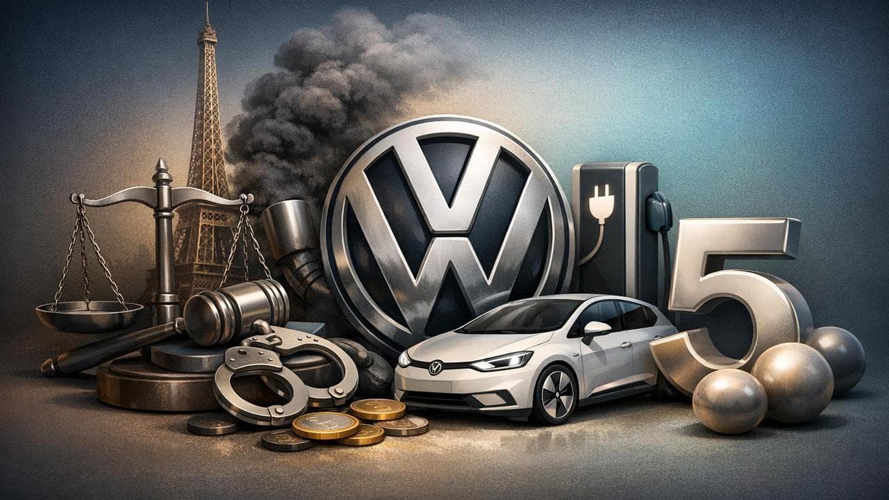 Volkswagen logo with French courthouse and EV production milestone, highlighting Dieselgate trial
