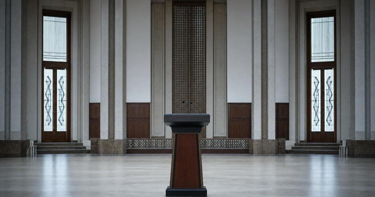 Empty presidential podium in government hall symbolizes new Benin leadership and political transition