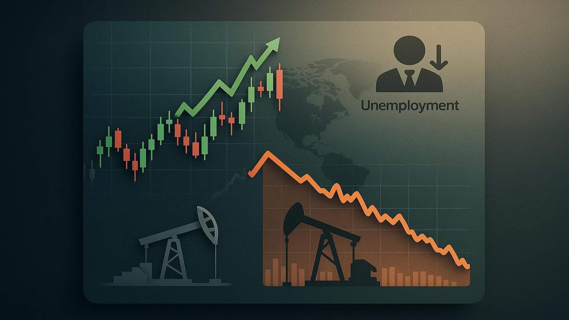 Stocks and oil price charts showing divergence and multi-year lows after jobs data