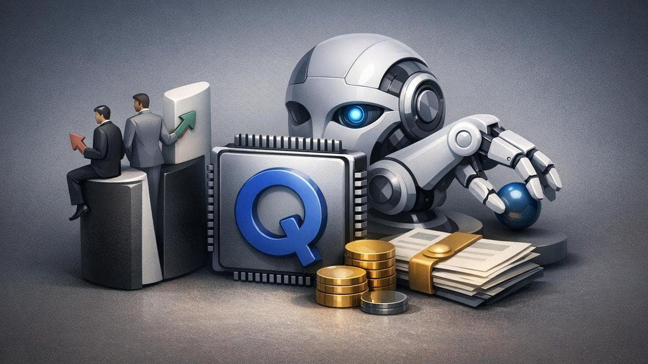Qualcomm logo with AI and robotics imagery, highlighting analyst split and share buyback news