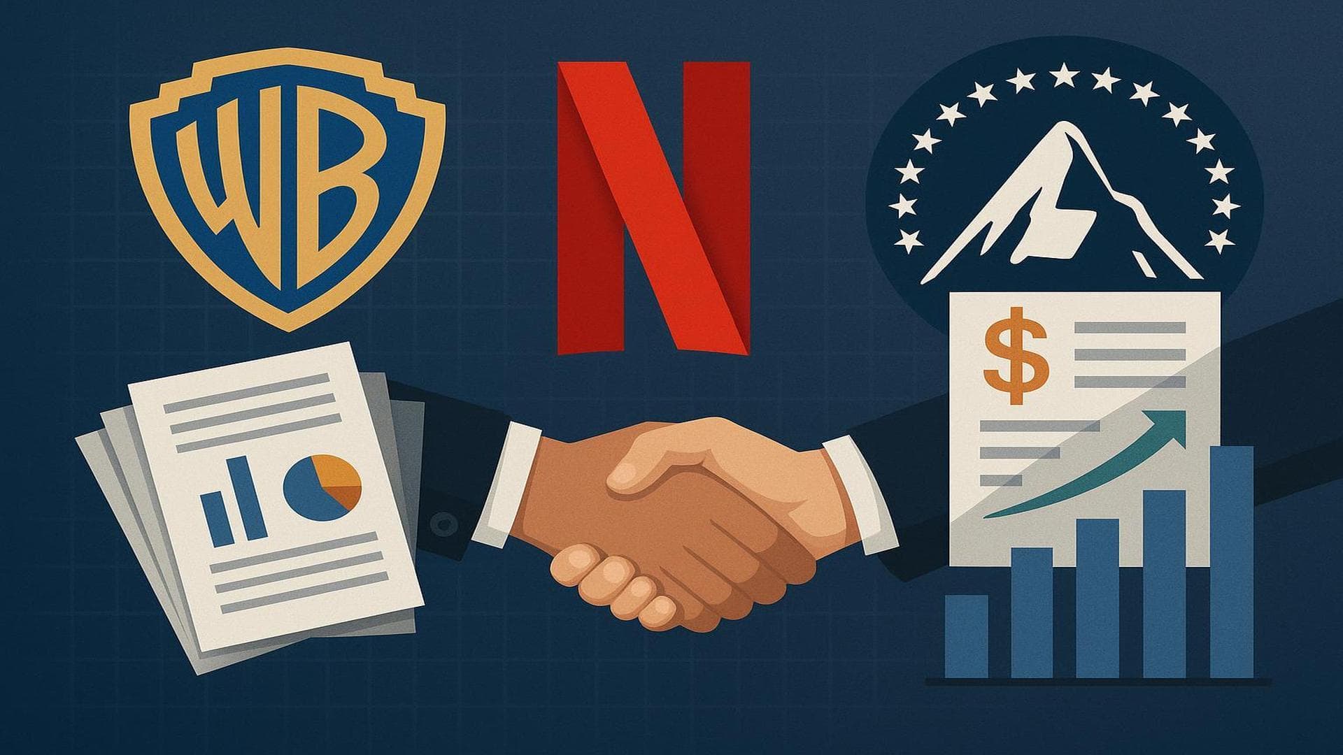 Warner Bros., Netflix, and Paramount logos highlight media M&A with $108B Paramount bid rejected