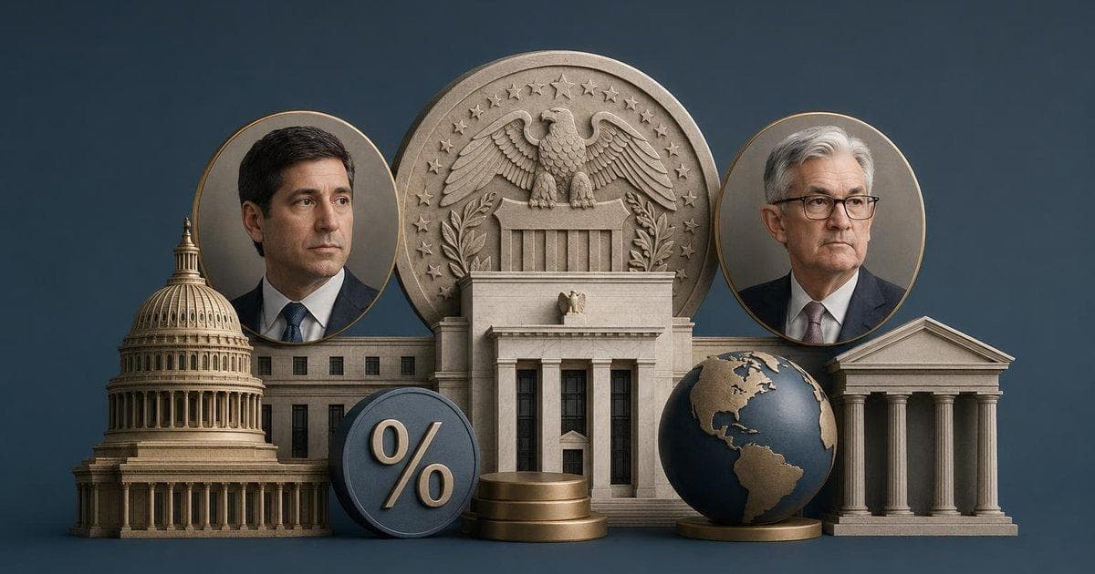 Illustration of Federal Reserve leadership shift with Warsh and Powell amid rare Fed rate split