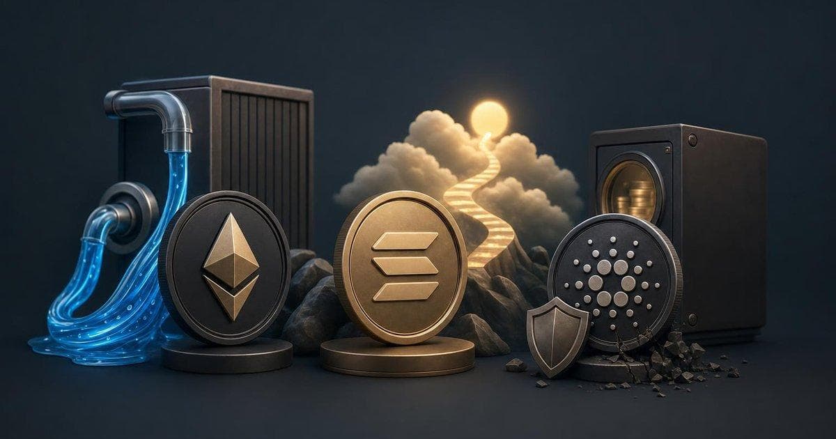 Chart comparing XRP, Ethereum and Solana price moves with ETF inflows, 2026 outlook and TVL highs context